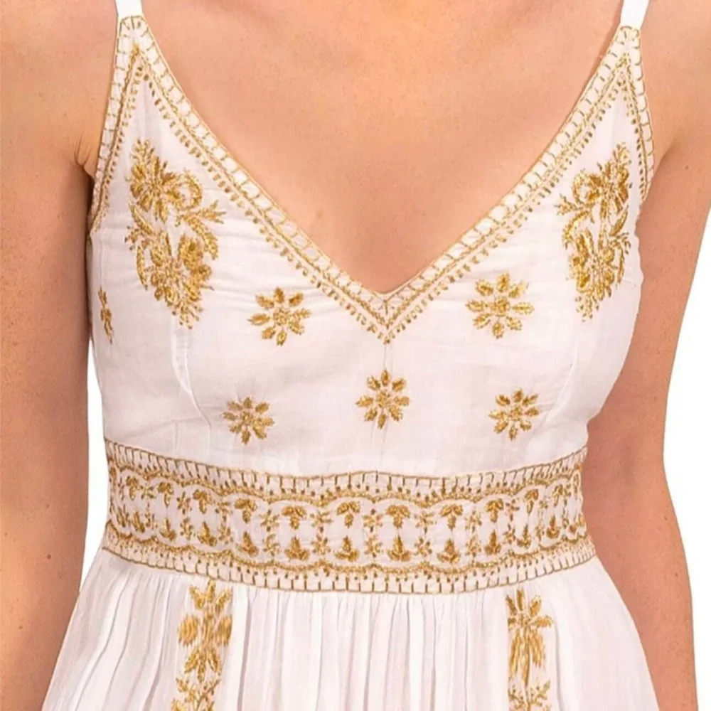 Gretchen Scott hand embroidered midi dress Fiesta Time white/gold, size medium